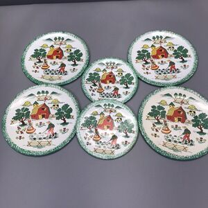 Vintage Ohio Art Tin Litho Tea Set Apple Farm Country Charm 6 Piece Plates
